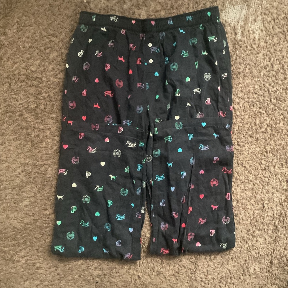 Pink victoria secret Black Pajama Pants with Colorful Print. Size M